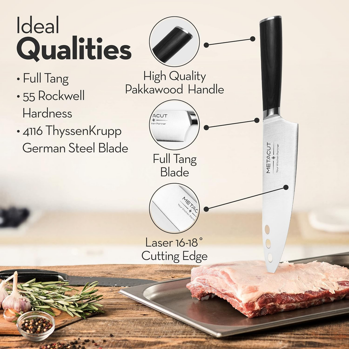 Metacut 8" Chef Knife – German Stainless Steel, Ergonomic Handle, Dishwasher Safe, Gift Box