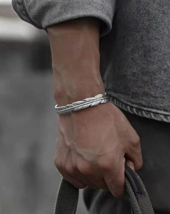 Men's Bracelet Silver Feather Bangle