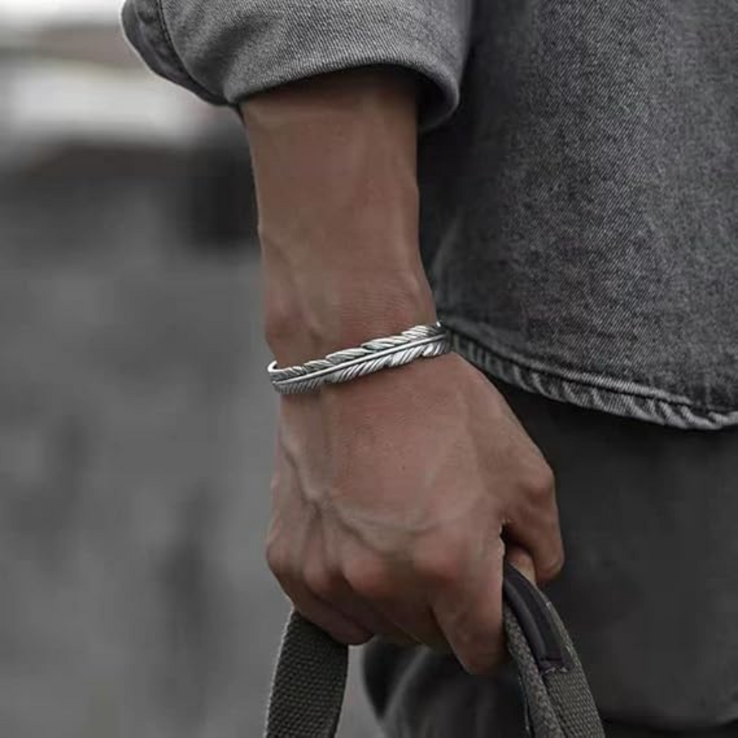 Mens Bracelet Silver Feather Bangle in Gift Box