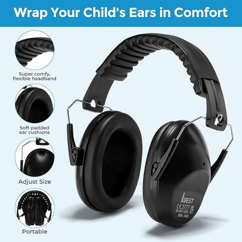 Black Ear Defenders Headphone | Noise Cancelling Safety Earmuffs for Children & Adults