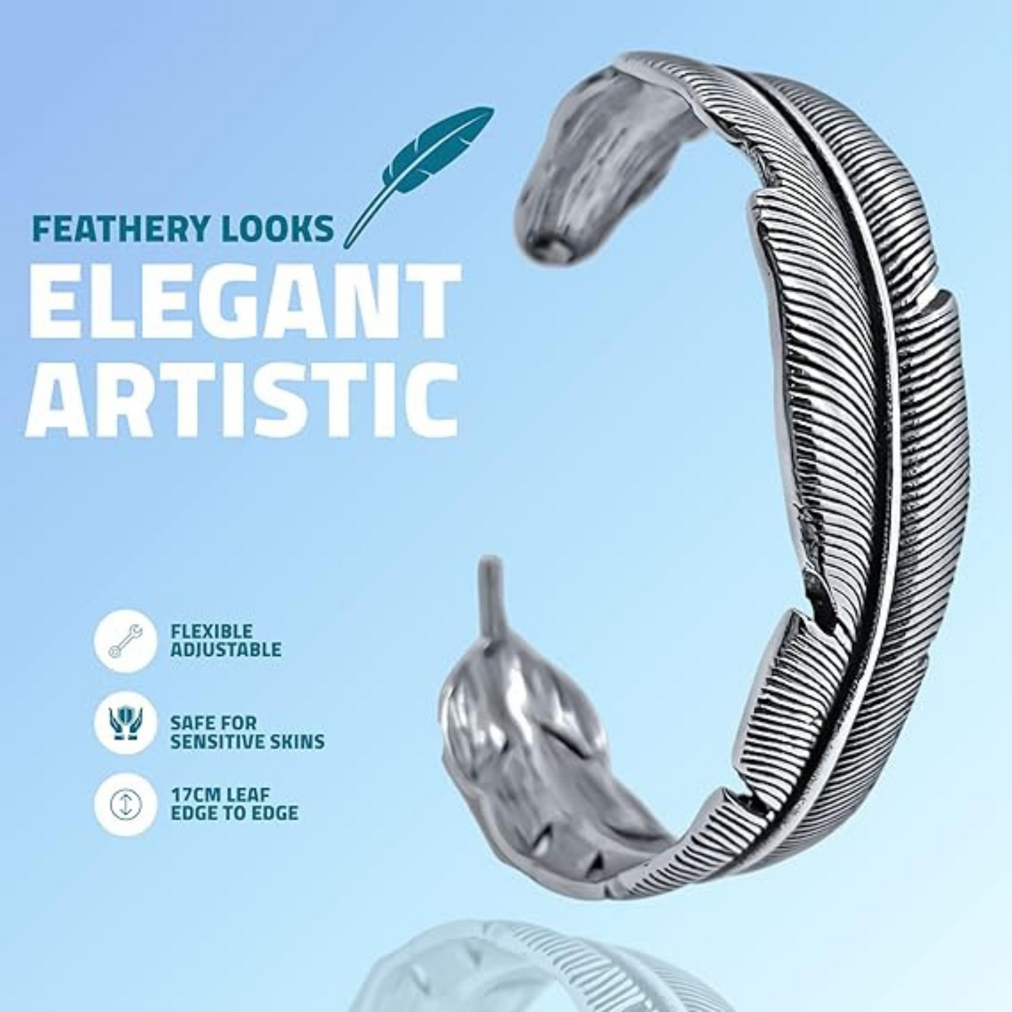 Mens Bracelet Silver Feather Bangle in Gift Box